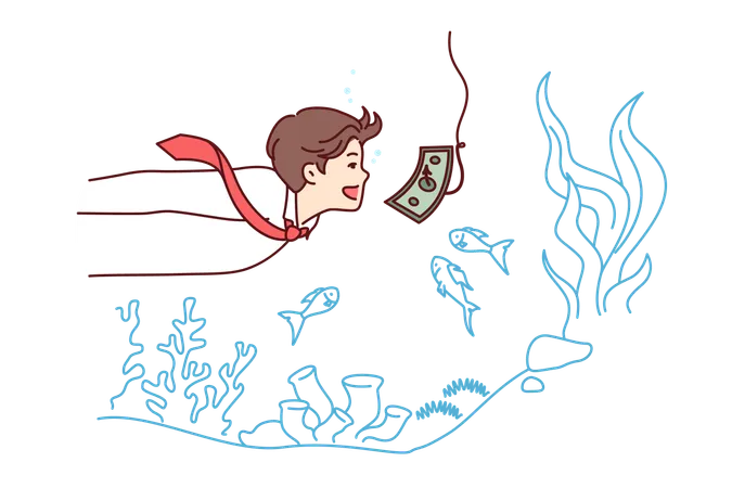 Money trap in front of business man swimming underwater with banknote on fishing rod hook  Illustration