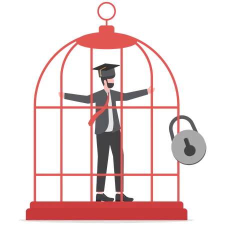 Student Loan Debt Money Trap That Graduated Have To Payback Huge Amount Of Money Expensive Cost For Education Concept Depressed Confused New Graduated Student In Birdcage With Graduation Cap Illustration