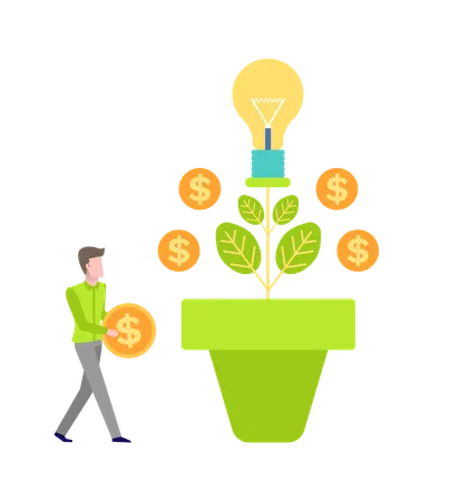 Man Character Holding Coin Dollar And Money Tree Leaves And Currency Growth Plant Symbol Of Cash Business Invest Light Bulb Creative Idea Vector 일러스트레이션