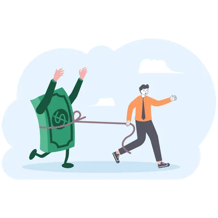 Businessman Pulling Away An Unwilling Large Money With A Rope Money Under Control Illustrator Vector Cartoon Drawing Illustration