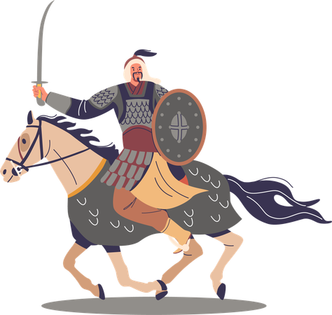 Mongol Warrior With  Sword Riding On Horseback  Illustration