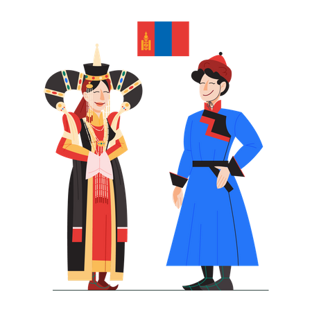 Mongolia citizen in national costume with a flag  Illustration