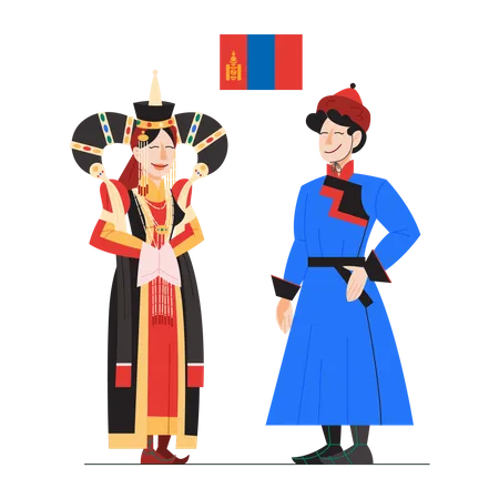 Mongolia citizen in national costume with a flag  Illustration