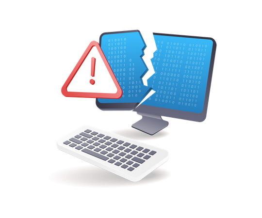 Monitor de computadora agrietado con símbolo de advertencia  Ilustración
