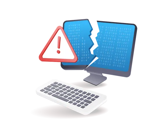 Monitor de computadora agrietado con símbolo de advertencia  Ilustración