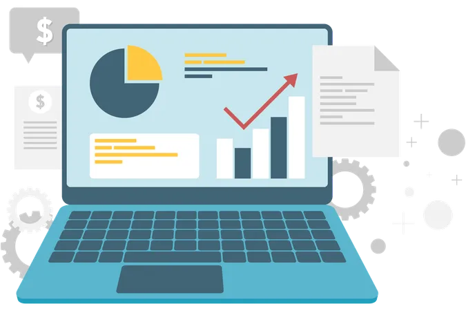 Monitor de laptop exibe infográficos  Ilustração