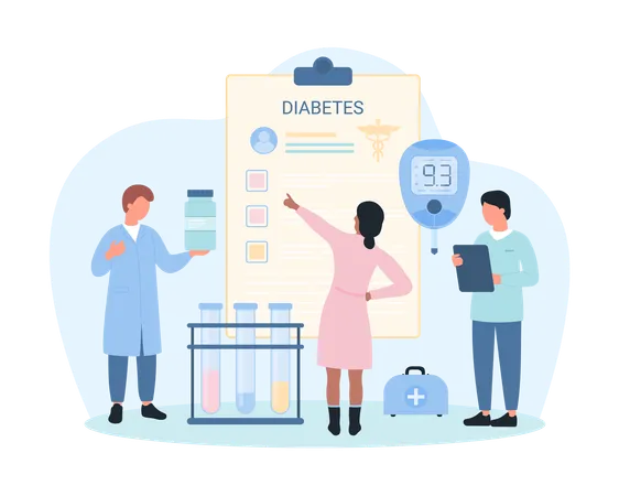 Diabetes Medical Checkup Vector Illustration Cartoon Tiny Doctor Characters Monitor Sugar Blood Level With Glucometer Check Patient Health Control Hyperglycemia And Hypoglycemia With Therapy Illustration