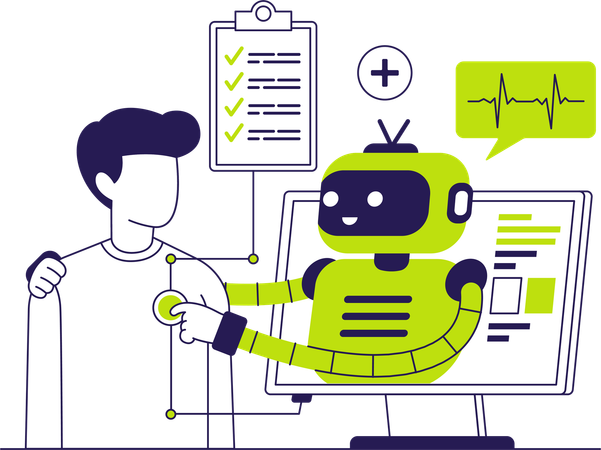 Monitoramento de check-up médico com robô de inteligência artificial  Ilustração