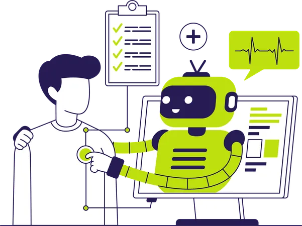 Monitoramento de check-up médico com robô de inteligência artificial  Ilustração