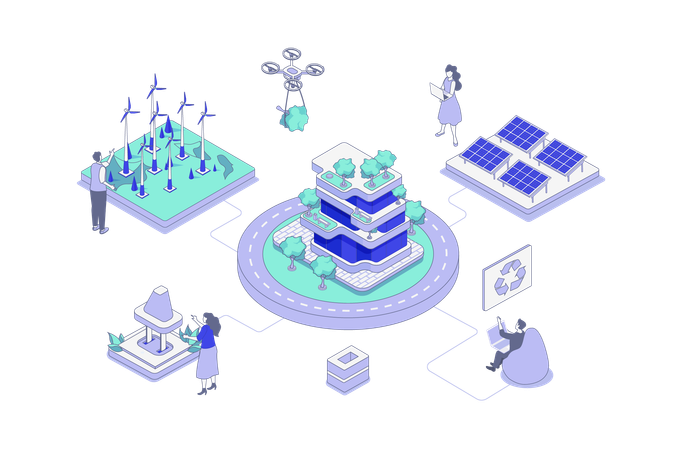 Pessoas monitorando e gerenciando fontes alternativas de energia e infraestrutura ecológica no sistema de cidade inteligente  Ilustração