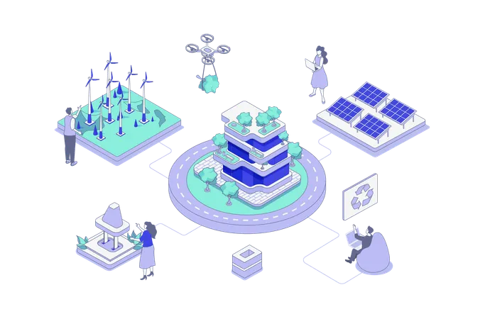 Pessoas monitorando e gerenciando fontes alternativas de energia e infraestrutura ecológica no sistema de cidade inteligente  Ilustração