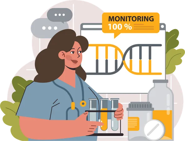 Chica monitoreando la investigación del ADN.  Ilustración