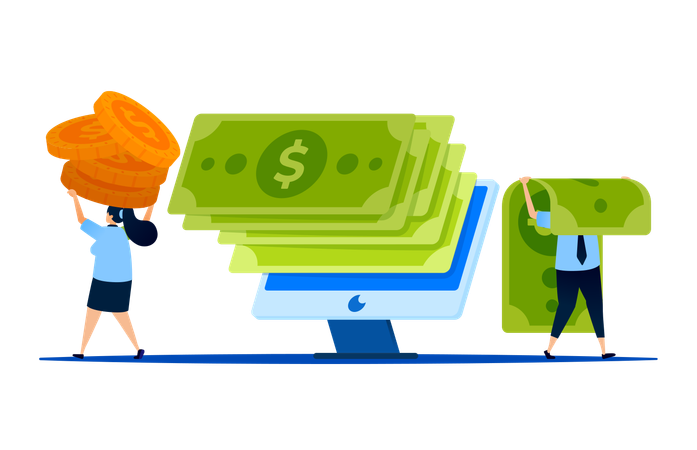 Monitors displaying piles of green paper money  Illustration
