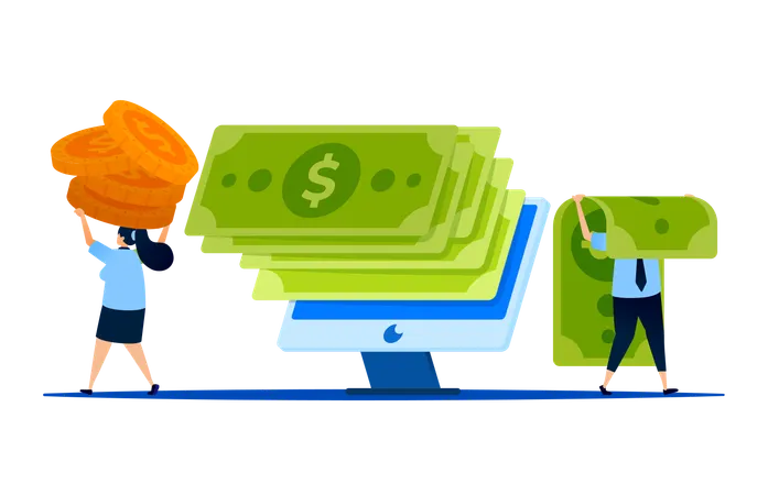 Monitors displaying piles of green paper money  Illustration