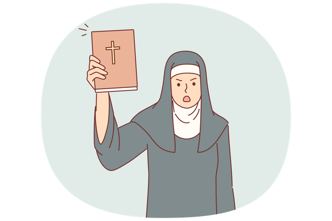Una monja de la iglesia muestra la Sagrada Biblia en estado de shock y jura por violaciones de las reglas de conducta.  Ilustración