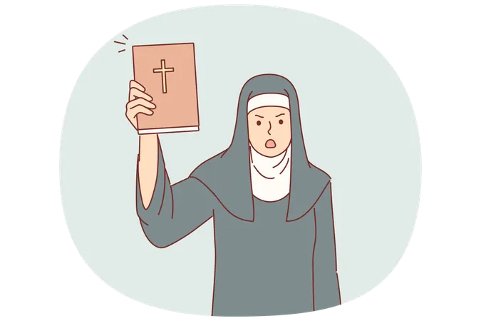 Una monja de la iglesia muestra la Sagrada Biblia en estado de shock y jura por violaciones de las reglas de conducta.  Ilustración