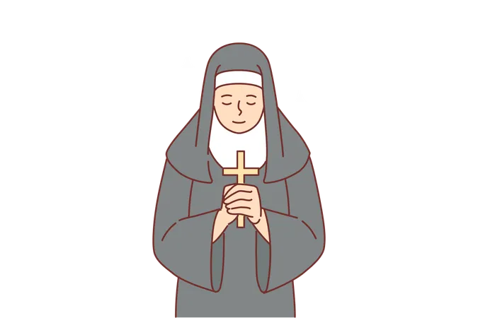 Monja orando mientras sostiene la cruz católica en las manos  Ilustración