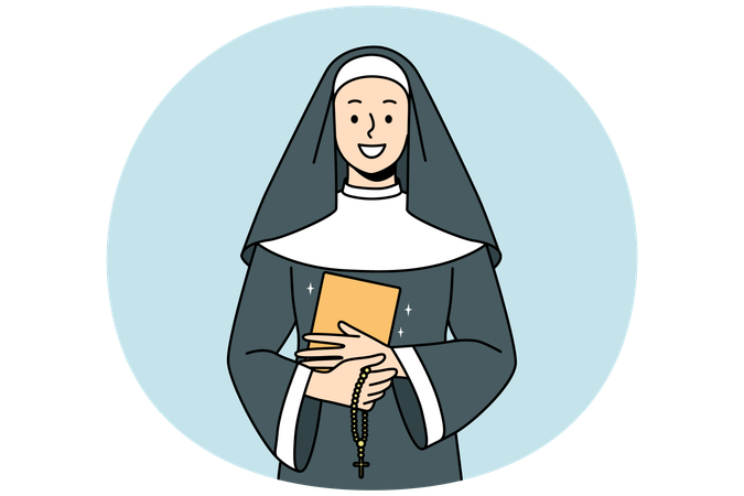 Monja sonriente con Biblia y rosario  Ilustración