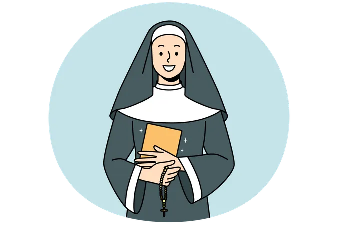Monja sonriente con Biblia y rosario  Ilustración