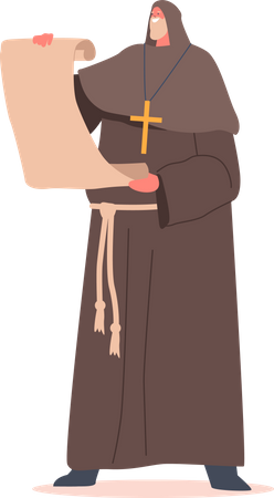 Monje medieval con pergamino antiguo en manos  Ilustración