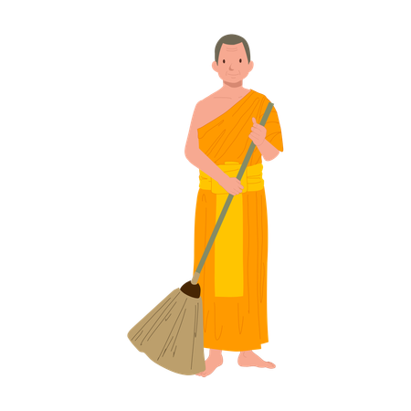 Monk in Traditional Robes Engaged in Daily Cleaning  Illustration