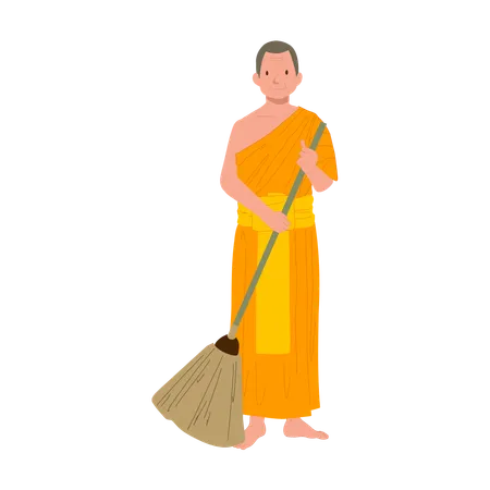 Monk in Traditional Robes Engaged in Daily Cleaning  Illustration