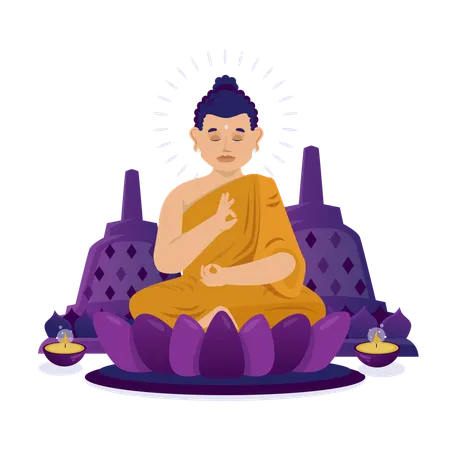 Flat Illustration Design Of Buddha Monk Meditation With Temple Background Illustration