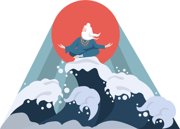 Monk meditation on ocean wave  Illustration