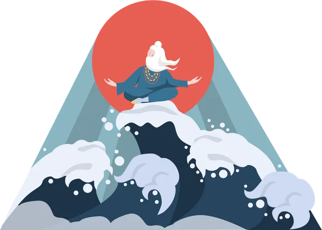 Monk meditation on ocean wave  Illustration