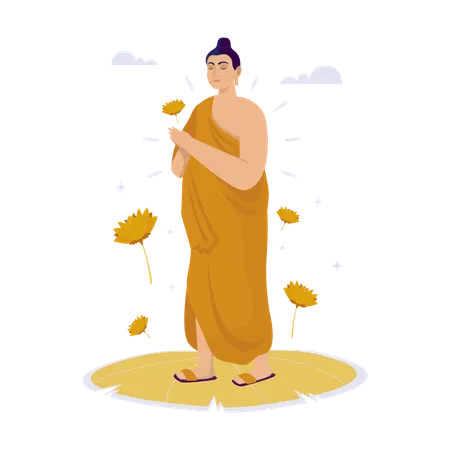 A Monk With A Floating Lotus Celebrating Buddhist Festivals Of Vesak Day Flat Illustration Illustration