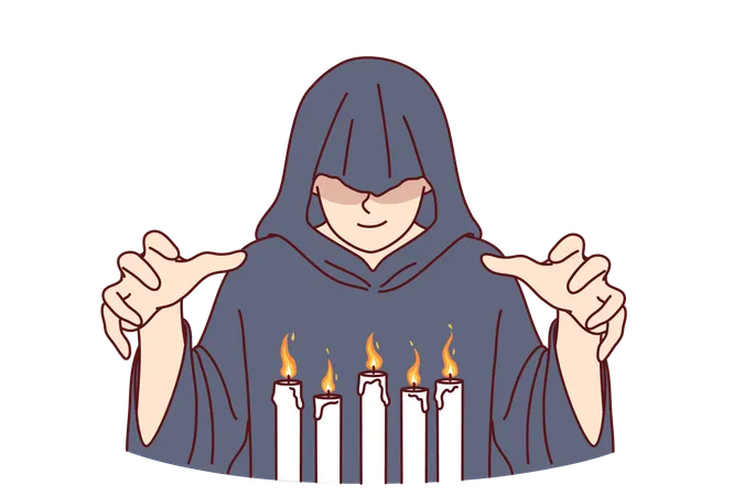 Man Monk In Hood Stands Over Burning Candles Performing Mysterious Religious Ritual To Communicate With Otherworldly World Monk Experiments With Black Magic And Practices Witchcraft Illustration