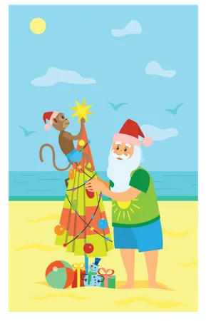 Monkey and santa claus making christmas tree using umbrella Illustration