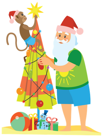 Monkey and santa claus making christmas tree using umbrella  Illustration