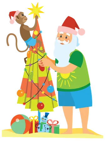 Monkey and santa claus making christmas tree using umbrella  Illustration