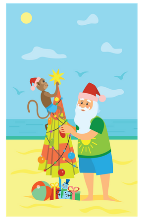 Monkey and santa claus making christmas tree using umbrella  Illustration