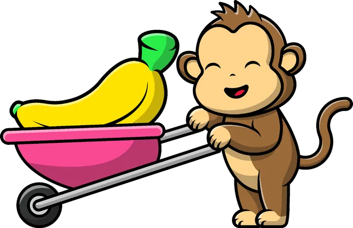 Monkey Bring Banana Fruit With Trolley  Illustration