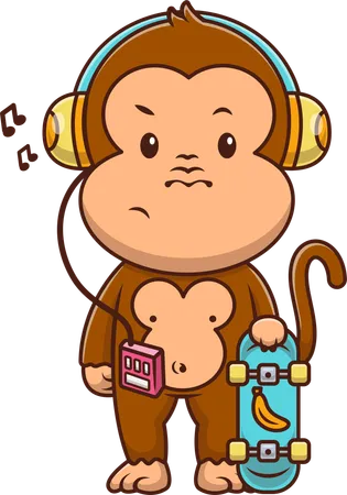 Monkey Listening To Music and Holding Skateboard  Illustration