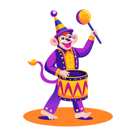 Monkey playing drum in circus  Illustration