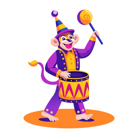 Monkey playing drum in circus  Illustration