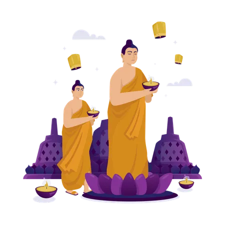 Flat Design Monks With Candles Celebrating Buddhist Vesak Day Flat Illustration Illustration