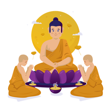Monks Worship With Buddhist Meditation  Illustration