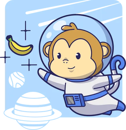 Mono astronauta tras plátano  Ilustración