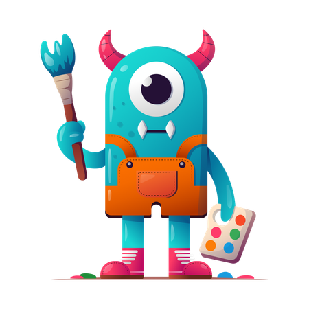 Monster holding paint brush and color palette  Illustration