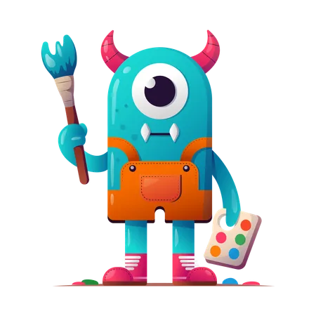 Monster holding paint brush and color palette  Illustration