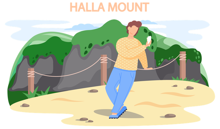 La montagne Hallasan escaladée par un touriste  Illustration