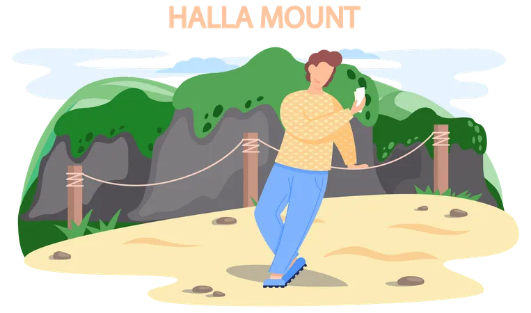 La montagne Hallasan escaladée par un touriste  Illustration