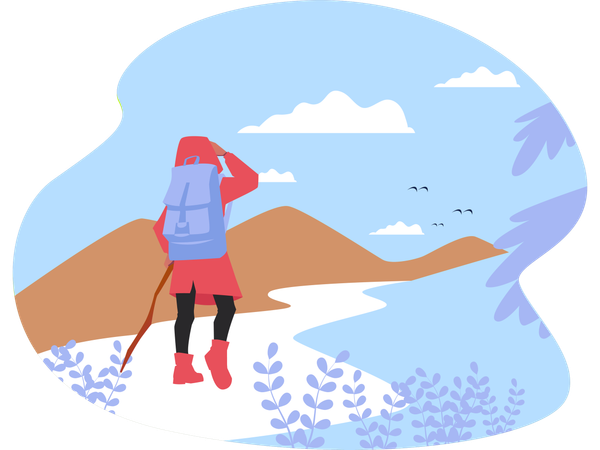Montain trekker looking top of mountain  Illustration