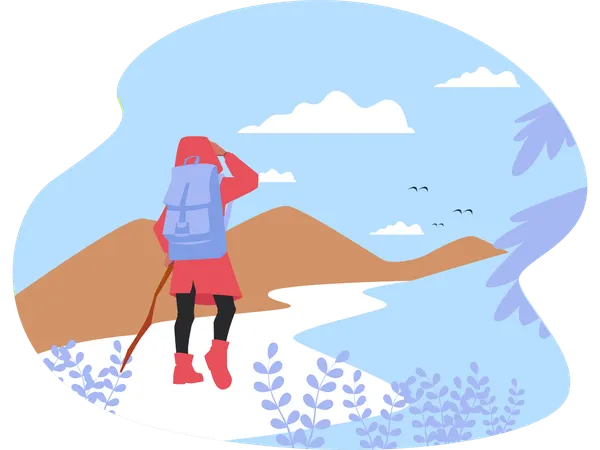Montain trekker looking top of mountain  Illustration