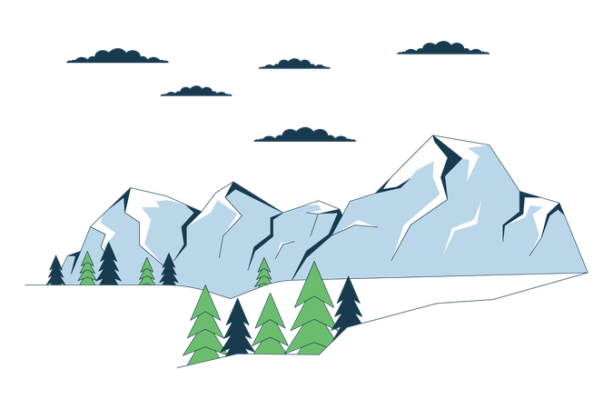 Montaña cubierta de nieve rodeada de árboles de hoja perenne  Ilustración