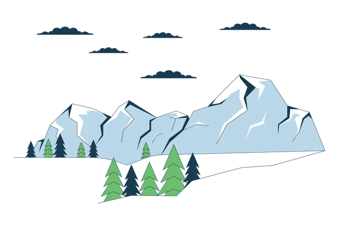 Montaña cubierta de nieve rodeada de árboles de hoja perenne  Ilustración